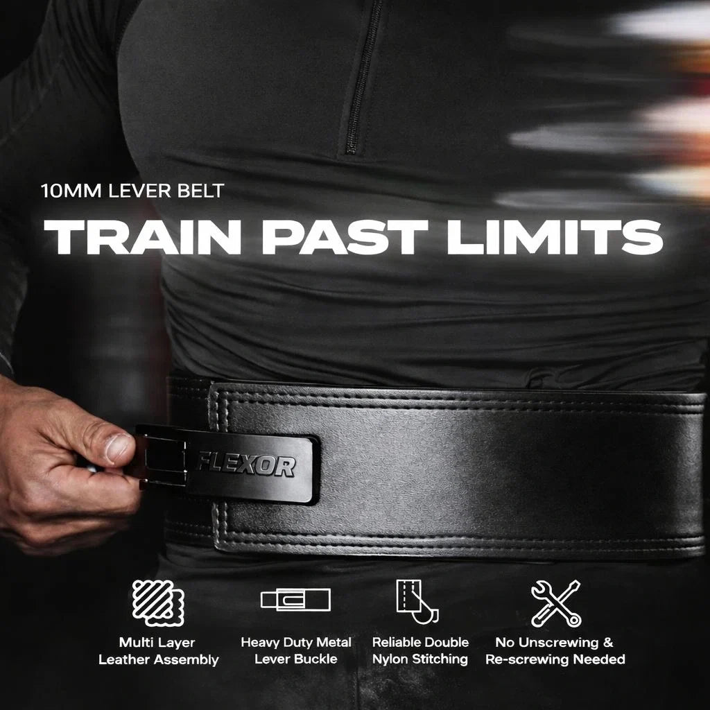 10mm Flexor lever belt with heavy-duty metal buckle, multi-layer leather construction, and durable nylon stitching for strength during weightlifting.