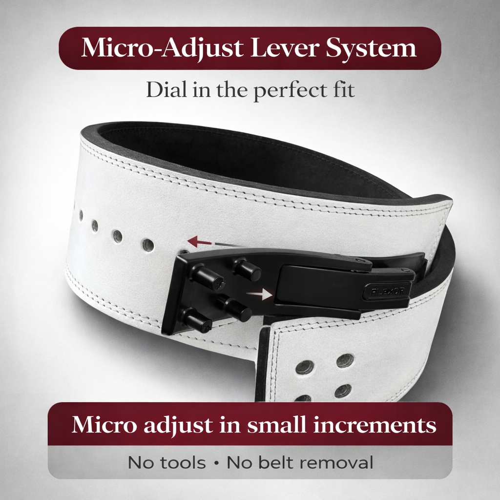 Flexor 10mm Micro-Adjustable Powerlifting Lever Belt (White Belt/Black Buckle)
